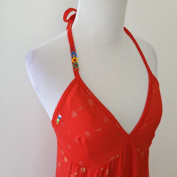 Coogi Maxi Dress Red Slinky Halter Neck Logo Spellout Gold Women - Picture 4 of 16